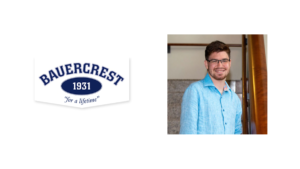 Logo for Camp Bauercrest next to a headshot of Jake Stimell