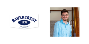 Logo for Camp Bauercrest next to a headshot of Jake Stimell