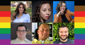 an LGBTQ+ Pride flag with black, brown, red, orange, yellow, green, blue and purple stripes. Headshots of 6 speakers at the event.