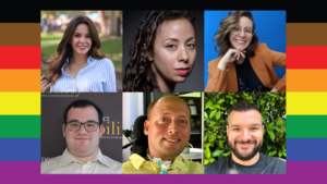 an LGBTQ+ Pride flag with black, brown, red, orange, yellow, green, blue and purple stripes. Headshots of 6 speakers at the event.