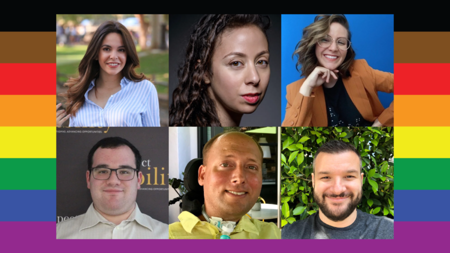an LGBTQ+ Pride flag with black, brown, red, orange, yellow, green, blue and purple stripes. Headshots of 6 speakers at the event.