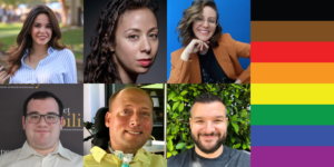 an LGBTQ+ Pride flag with black, brown, red, orange, yellow, green, blue and purple stripes. Headshots of 6 speakers at the event.