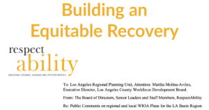 Text: Building an Equitable Recovery. Screenshot of testimony's address section on RespectAbility letterhead