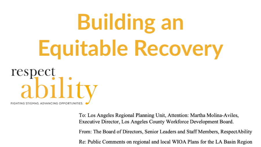 Text: Building an Equitable Recovery. Screenshot of testimony's address section on RespectAbility letterhead