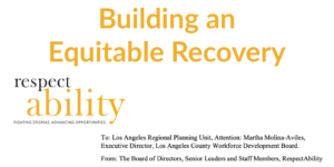 Text: Building an Equitable Recovery. Screenshot of testimony's address section on RespectAbility letterhead