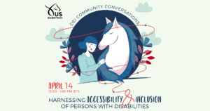 an illustration of a horse with a woman (partial image), from the waist up, both with a downward gaze and closed eyes. USEF logo. Text: Harnessing Accessibility & Inclusion of Persons with Disabilities. April 14, 12:00 PM – 1:00 PM (ET)