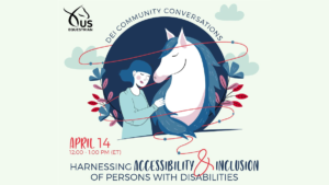an illustration of a horse with a woman (partial image), from the waist up, both with a downward gaze and closed eyes. USEF logo. Text: Harnessing Accessibility & Inclusion of Persons with Disabilities. April 14, 12:00 PM – 1:00 PM (ET)