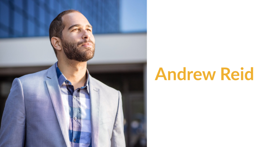 Andrew Reid headshot in front of a tall building. Text: Andrew Reid