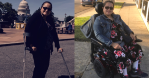 Photos of Nelly Nieblas outside of the US Capitol Dome and seated in a wheelchair on a street