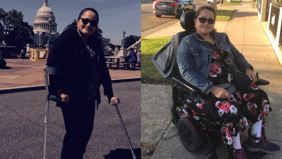 Photos of Nelly Nieblas outside of the US Capitol Dome and seated in a wheelchair on a street