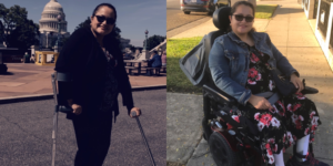 Photos of Nelly Nieblas outside of the US Capitol Dome and seated in a wheelchair on a street