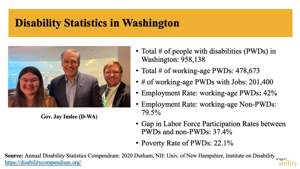 PowerPoint slide titled "Disability Statistics in Washington" with a photo of Governor Jay Inslee with RespectAbility team members