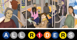 Poster for All Riders short film with an illustration of people on a New York City subway