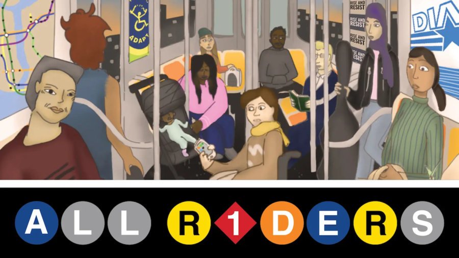 Poster for All Riders short film with an illustration of people on a New York City subway