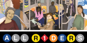 Poster for All Riders short film with an illustration of people on a New York City subway