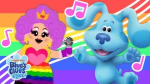 Blues Clues and You pride video thumbnail with Blue, a rainbow background, and the logo for the series