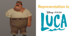 Character art for Massimo, who only has one arm. Text: Representation in Disney Pixar Luca