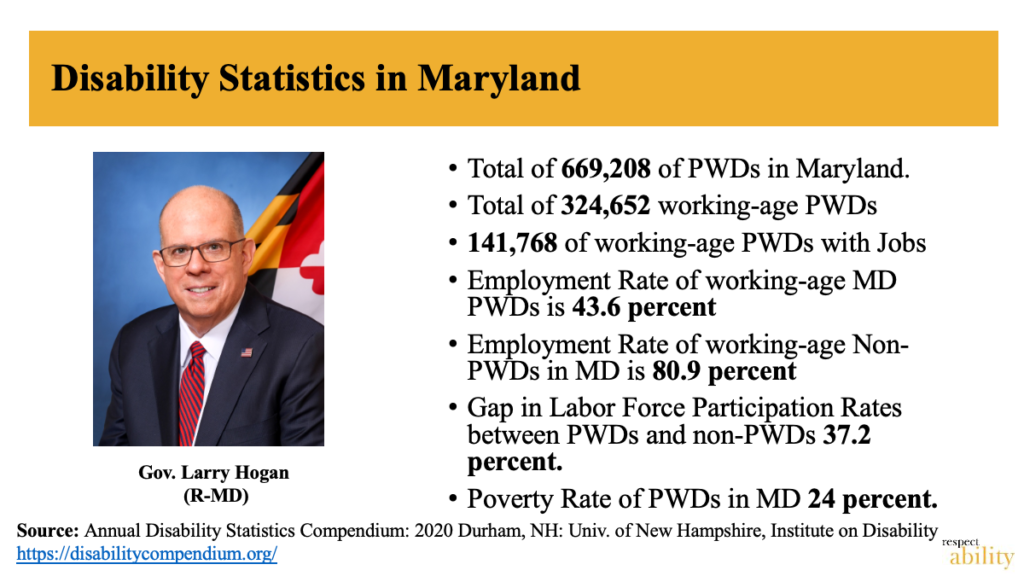 Slide with disability statistics in Maryland and a photo of Governor Larry Hogan