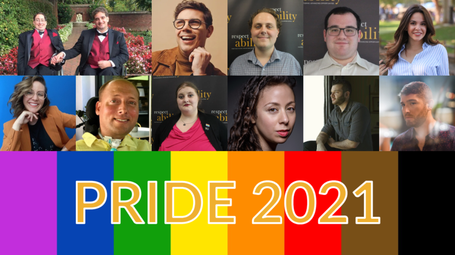 Photos of 12 LGBTQ+ people with disabilities. Rainbow flag colors. Text: PRIDE 2021