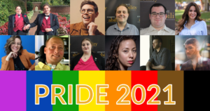 Photos of 12 LGBTQ+ people with disabilities. Rainbow flag colors. Text: PRIDE 2021