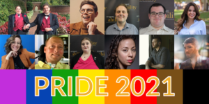 Photos of 12 LGBTQ+ people with disabilities. Rainbow flag colors. Text: PRIDE 2021