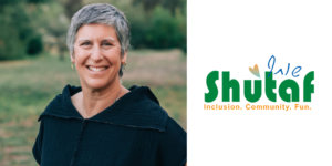 Beth Steinberg smiling headshot. Logo for Shutaf Inclusion Programs.