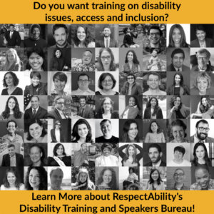 Headshots of 63 speakers with disabilities. Text: Do you want training on disability issues, access and inclusion? Learn More about RespectAbility's Disability Training and Speakers Bureau!