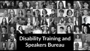 Headshots of speakers in RespectAbility's speakers bureau. Text: Disability Training and Speakers Bureau