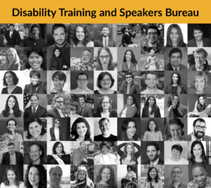 Headshots of 63 speakers with disabilities. Text: Disability Training and Speakers Bureau