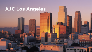 Los Angeles city skyline. Text: AJC Los Angeles