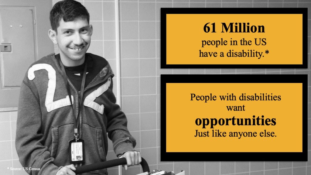 a man with a disability pushing a cart. Text: 61 million people in the US have a disability. People with disabilities want opportunities just like anyone else.