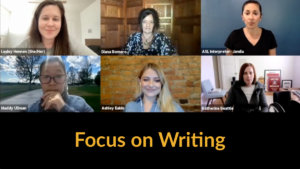 Six people on a Zoom call together. Text: Focus on Writing