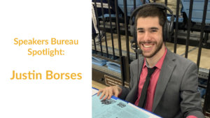 Justin Borses smiling at a sporting event wearing headphones. Text: Speakers Bureau Spotlight: Justin Borses