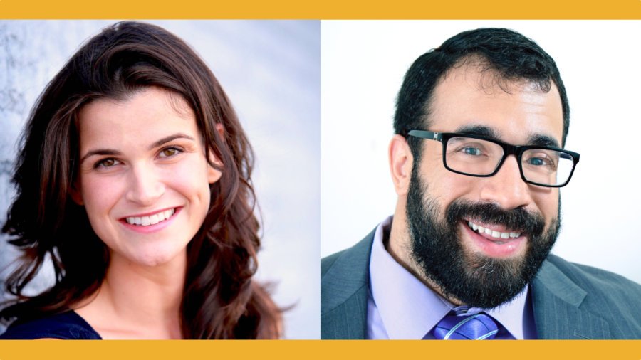 Headshots of Leah Romond and Matan Koch smiling