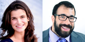 Headshots of Leah Romond and Matan Koch smiling