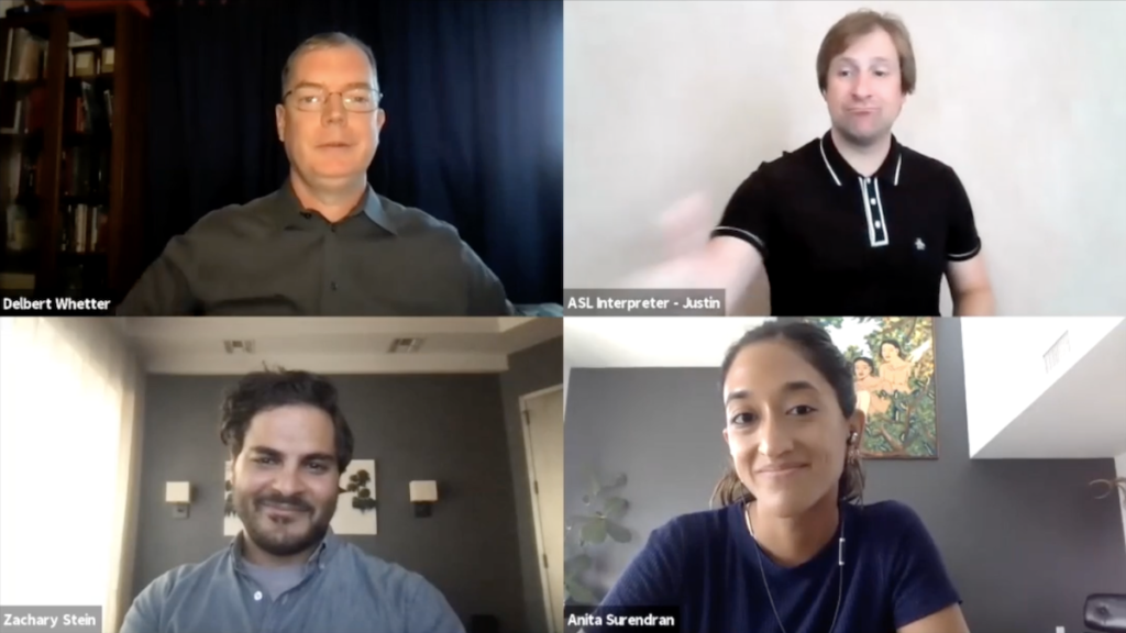 Three panelists and ASL interpreter on a zoom meeting together smiling