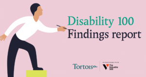 Disability 100 Findings report. Logos for Tortoise. In partnership with the valuable 500. Illustration of a man standing on two bar graph columns writing with a pen.