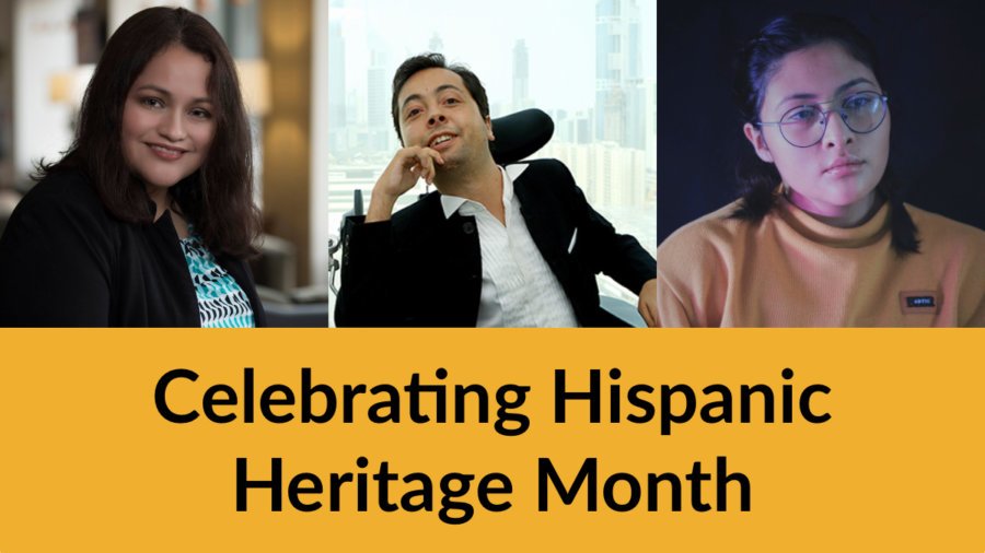 Headshots of Nelly Nieblas, Victor Pineda and Krista Ramirez-Villatoro. Text: Celebrating Hispanic Heritage Month