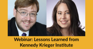 Headshots of Philip Pauli and Stacey Herman smiling. Text: Webinar: Lessons Learned from Kennedy Krieger Institute