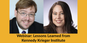 Headshots of Philip Pauli and Stacey Herman smiling. Text: Webinar: Lessons Learned from Kennedy Krieger Institute