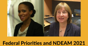 Headshots of Taryn Mackenzie Williams and Carol Dobak. Text: Federal Priorities and NDEAM 2021