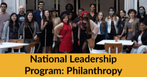 RespectAbility Lab participants and alumni together outside. Text: National Leadership Program: Philanthropy