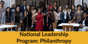 RespectAbility Lab participants and alumni together outside. Text: National Leadership Program: Philanthropy