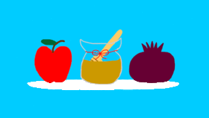 Animation of a bee flying next to an apple and a honey jar. Text: Shana Tova U'Metukah 5782! Have a Happy and Healthy New Year RespectAbility!