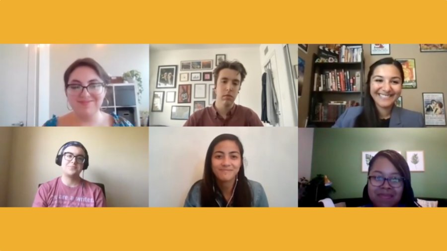 Six speakers from the NBCUniversal Page Program on Zoom together smiling
