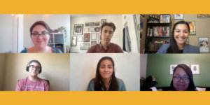 Six speakers from the NBCUniversal Page Program on Zoom together smiling