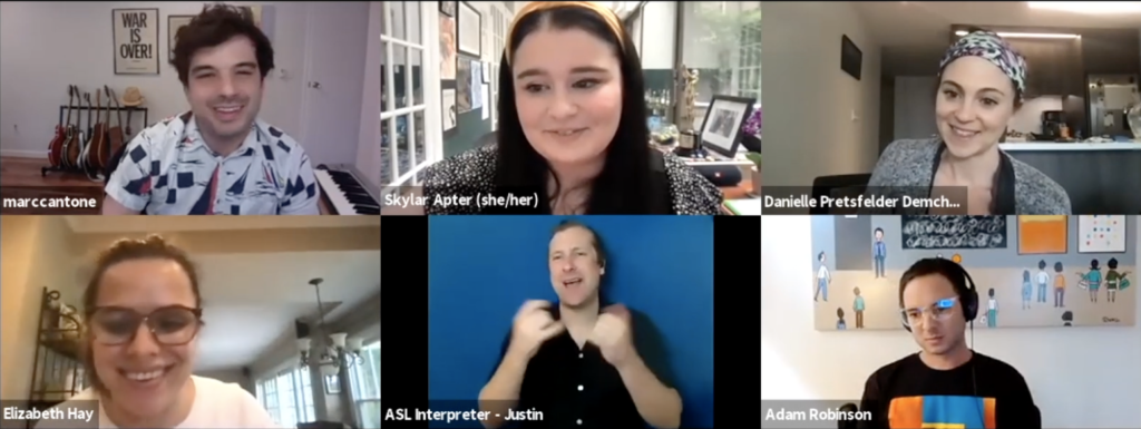 Five speakers plus ASL interpreter on zoom at Nickelodeon's RespectAbility Lab session.