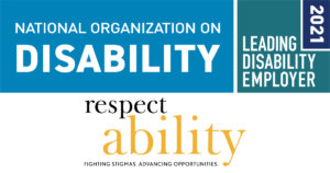 NOD 2021 Leading Disability Employer seal. RespectAbility logo.