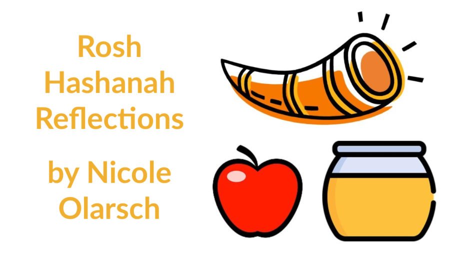 Illustration of a shofar, apple and honey jar. Text: Rosh Hashanah Reflections by Nicole Olarsch