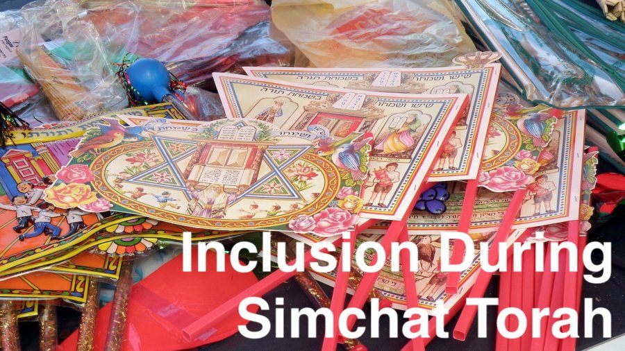 An assortment of toys and noisemakers for Simchat Torah. Text: Inclusion During Simchat Torah